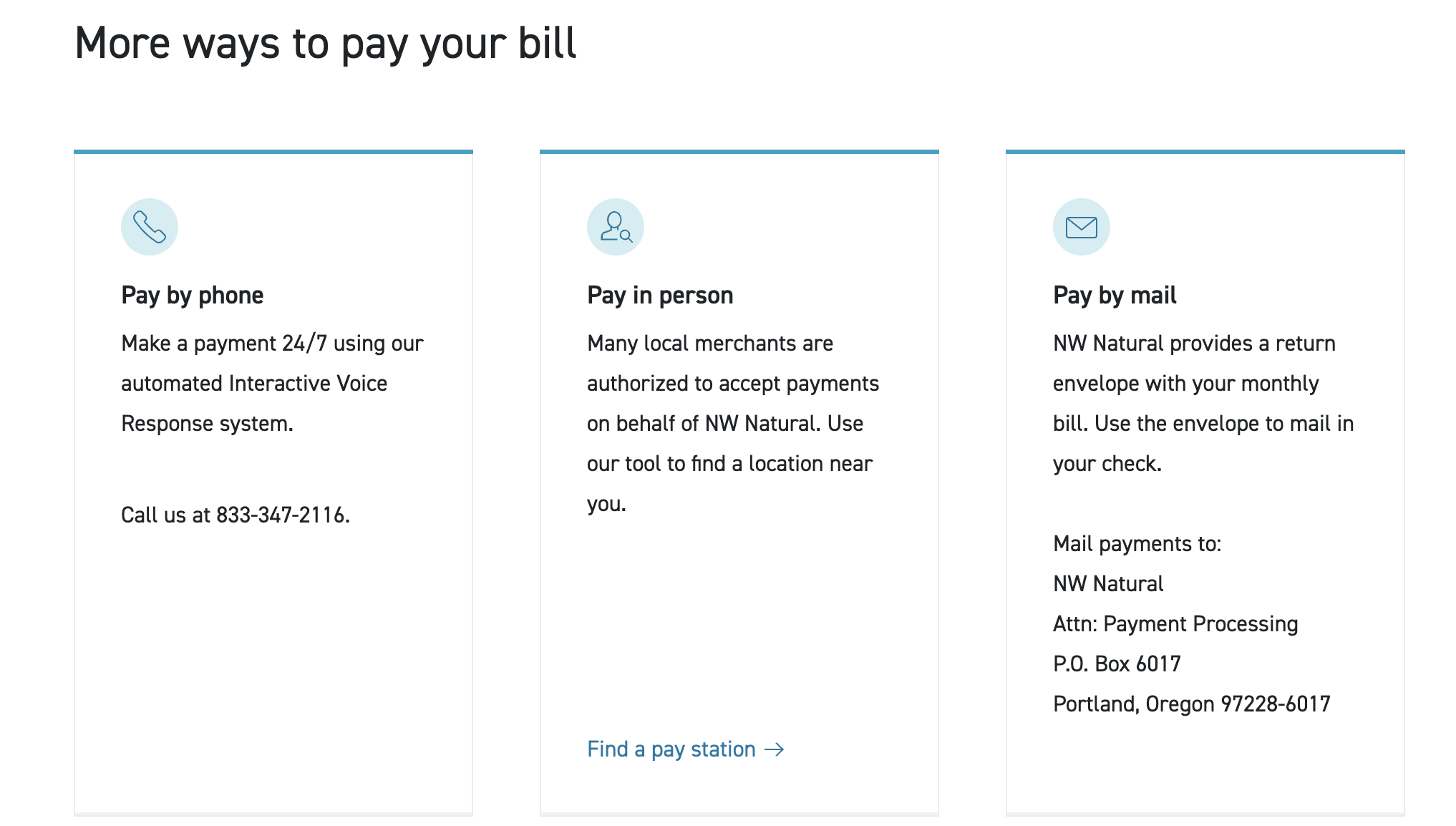 three cards with information about bill pay